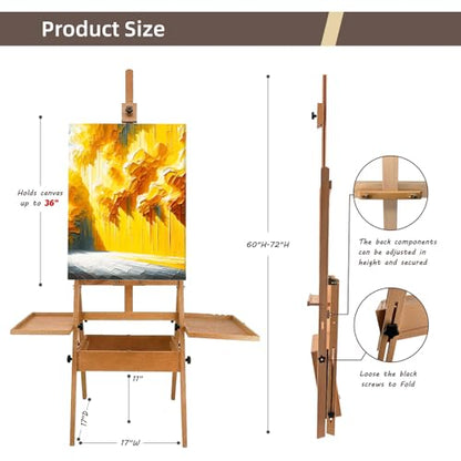 Beech Wood Painting Easel with Storage Drawer and 2 Palettes, H-Frame Adjustable Art Wooden Easel Stand with Signature Box for Adults, Students,Sturdy Canvas Holder up to 36'' - style: Easel Max