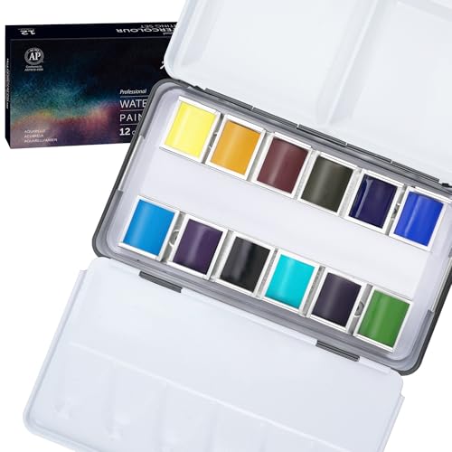 PHOENIX Professional Watercolor Paint Set - Ocean Tone,12 Marinescape Colors Half Pan Water Color Paint Palette with Tin Box, Portable Travel Watercolors for Adults, Artists - color: 12 Ocean Colors, size: half pan