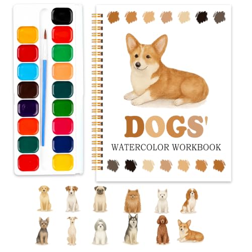 Easy Dog Watercolor Workbook for Beginners, Water Coloring Book, 18 Colors Watercolors Paint Set, 12 Patterns Watercolor Kit, Relaxing DIY Gift for Dog Lovers, Adults and Women Teen - color: dogs