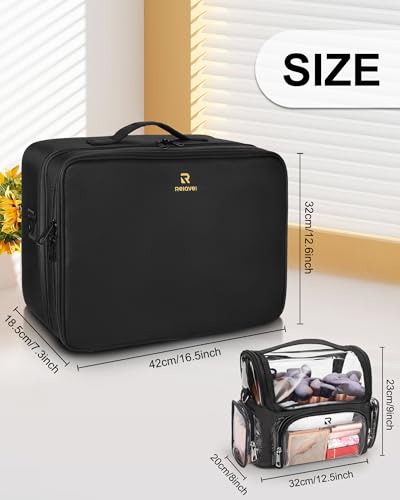 Relavel Extra Large Makeup Case and Makeup Brush Holder Bag, Professional Makeup Organizer, Large Capacity with Adjustable Dividers and Shoulder Strap (Black) - color: Black with Clear Makeup Case, size: Extra Large