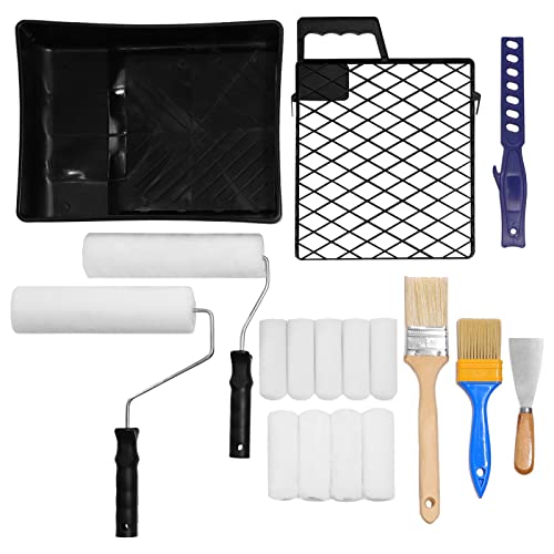 ETERNA Paint Roller Set,19 Piece Painting Roller Kit, 4"+9" Roller Frame with Covers, Brushes, Putty Knife, Paint Stick, Paint Tray with Grid for Wall Decorating Home Improvement - color: 19Piece