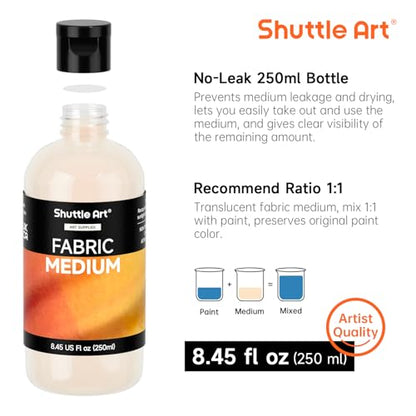 Shuttle Art Fabric Medium, 8.45 oz /250ml Professional Textile Medium for Fabric Painting, Improve Acrylic & Fabric Paint Adhesion, Softness, Vibrancy, Prevent Fading, Ideal for T-Shirts,Shoes,Jeans,Bags - size: 8.45 Fl Oz (Pack of 1)