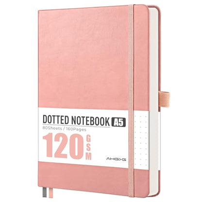 AHGXG Dotted Journal Notebook, 160 Numbered Pages, A5 Medium Size (5.7'' x 8.3''), 120 GSM Thick Paper, Leather Hardcover, for Journaling, Planning, Tracking (Pink) - color: Pink, style: Dotted