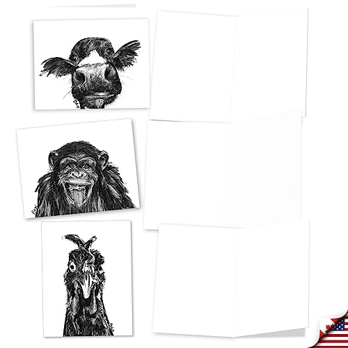 The Best Card Company - 10 Assorted Blank All Occasions Notecards Boxed Set 4 x 5.12 Inch with Envelopes (10 Designs, 1 Each) Boxed Assorted Kid Cards of Pets - CHARCOAL ANIMALS M2956OCB - style: Charcoal Animals
