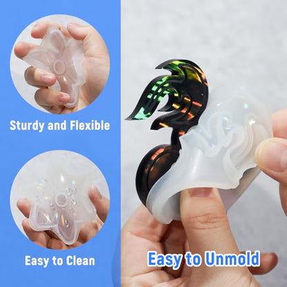 NiArt DIY Epoxy Resin Fidget Spinner Molds Set – 5 Holographic Silicone Casting Molds with Rainbow Texture, 15 Bearings, 15 Pairs Plastic Caps & Organizer Box for Handmade Finger Toys & Craft Projects - size: 5 Molds + 15 Cap Bearings