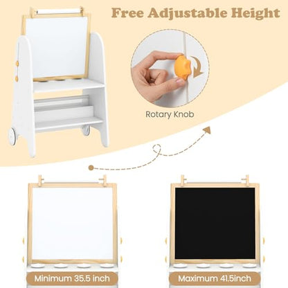 INFANS Easel for Kids with Stool, 4-in-1 Double-Sided Adjustable Magnetic Chalkboard with Paper Roll, Bookshelves, Wheels, Wooden Standing Painting Drawing Art Board for Boys Girls - style: White