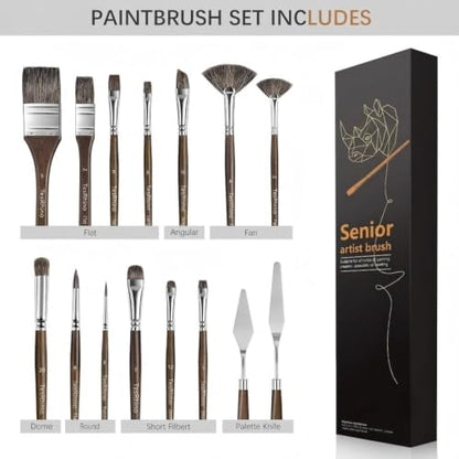 15Pcs Professional Oil Paint Brush Set with Palette Knives, Natural Badger Hair Blending Brushes, Ergonomic Birch Wood Handle for Acrylic, Oil and Gouache Painting, Artists and Beginners