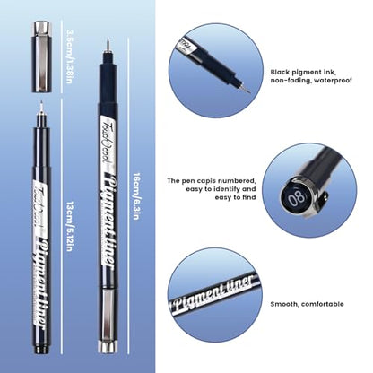 Micro Drawing Pens Art Pens, Fineliner - 12 Assorted Sizes, Fine Line Waterproof Black Ink Artist Supplies for Artists Adults Sketch Outline Anime Illustration Manga Writing