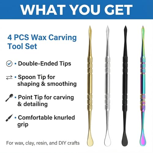 4 Pcs Wax Carving Tools Set, Stainless Steel Double-Ended Sculpting Tools for Wax Clay Pottery, Non-Slip Grip Detail Modeling Tools for Sculpting, Carving, Shaping & Jewelry Making(4.8inch）