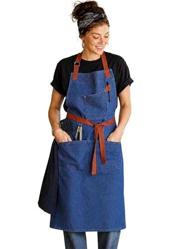 100% Cotton Printed Kitchen Apron with 2 Pockets for Men and Women – Adjustable Chef Apron - Machine Washable - color: Denim Royal