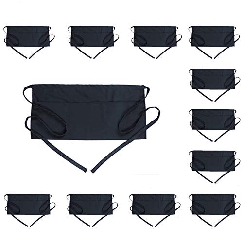 BOHARERS Waist Apron with 3 Pockets 12 Pack - Black Waitress Server Short Apron - color: B-12 Pack Black