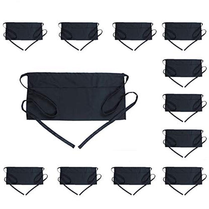 BOHARERS Waist Apron with 3 Pockets 12 Pack - Black Waitress Server Short Apron - color: B-12 Pack Black