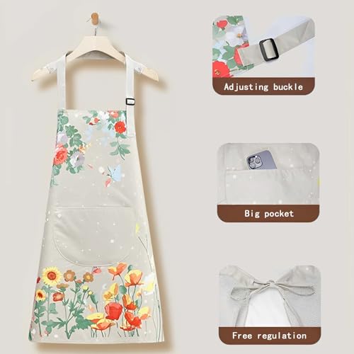 Floral Aprons with Pocket Blooming Women Waterproof Apron Adjustable Neck Long Ties Women Men Cook Baking Garden - color: Butterfly Beige