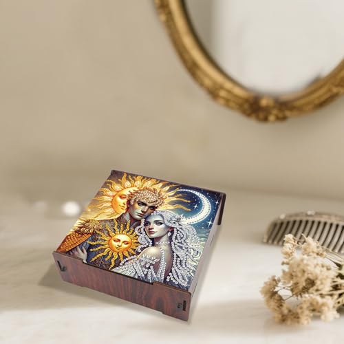 DIY Diamond Art Storage Box, Sun & Moon Deity Design Wooden Diamond Painting Case with Flip-Top Lid and 4 Divided Compartments, Desktop Craft, Jewelry and Accessories Supplies Storage Container - color: Sun & Moon