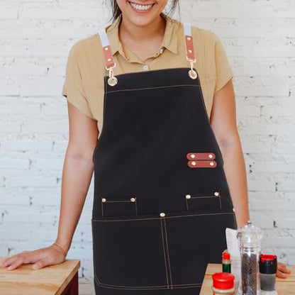 Waterproof Thickened Large Canvas Apron with Tool Pockets Oil-proof Crossback for Men Women Gardening Cooking Grilling Black