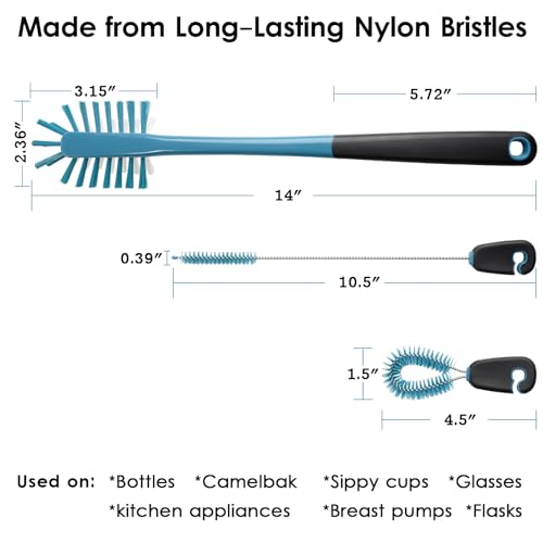 MOSOLAN 3-in-1 Water Bottle Cleaning Brush Set - Long Handle Scrubbing Brush for Tumbler, Straw, Baby Bottles, Drinking Glasses, Smokey Blue - color: Smokey Blue