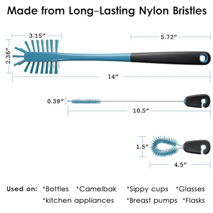 MOSOLAN 3-in-1 Water Bottle Cleaning Brush Set - Long Handle Scrubbing Brush for Tumbler, Straw, Baby Bottles, Drinking Glasses, Smokey Blue - color: Smokey Blue