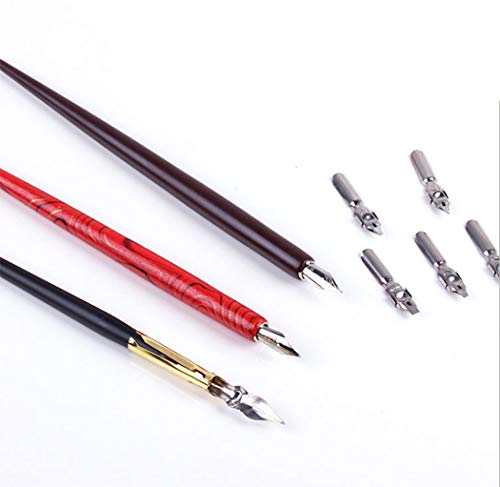 Wooden Calligraphy Dip Pen, Wood English Calligraphy Pen Copperplate Script Oblique Dip Pen Holder with 5 Different Nibs, Black - color: Black + 5Nib
