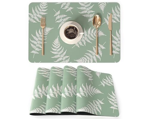 QiyI Placemats Set of 4, 12x18 Inch Faux Leather Place Mats for Kitchen Dinning, Heat Resistant Anti Slip Green White Table Mats, Waterproof Wipeable Washable Placemat Party Table Décor, Fern Leaves - color: Fern Leaves, size: Set of 4