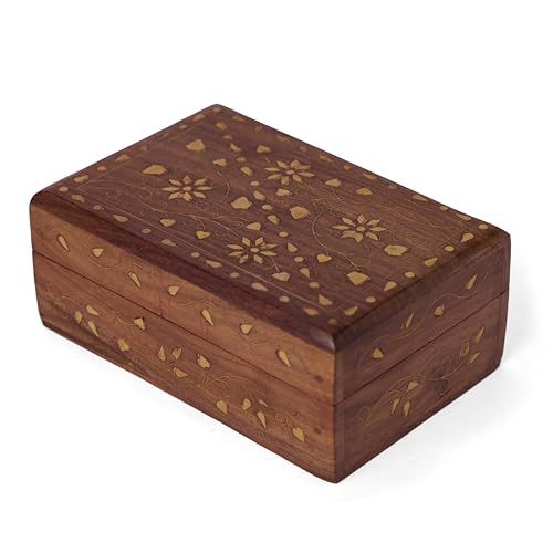 GURU JEEHand Crafted Wooden Decorative Trinket Jewelry Box Organiser Floral Carvings And Brass Inlay Centre Flower - color: FLBRS_6X4