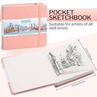 Hardcover Pocket Sketchbook, 5" x 5" Square Mini Sketchbook, 98lb/160gsm Heavyweight Tiny Sketch Book, 80 Sheets Small Travel Drawing Journal for Adults, Artist, Ideal for Gift (Pink) - color: Pink