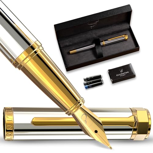 Ellington Pens Luxury Fountain Pen Set - Smooth Medium Nib - Includes 3 Ink Cartridges, Refillable Ink Converter, Gift Box - Fountain Pens For Writing, Calligraphy, Journaling (The Presidential Oath) - color: Silver Horizon, style: Medium