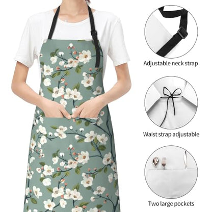 Cream Pastel Wildflower Art Waterproof Apron with Pockets | Garden Aprons for Men Women Adjustable Bib Apron for Cooking Kitchen Baking BBQ Painting Housework Oil Resistant - color: Sage White Blossom