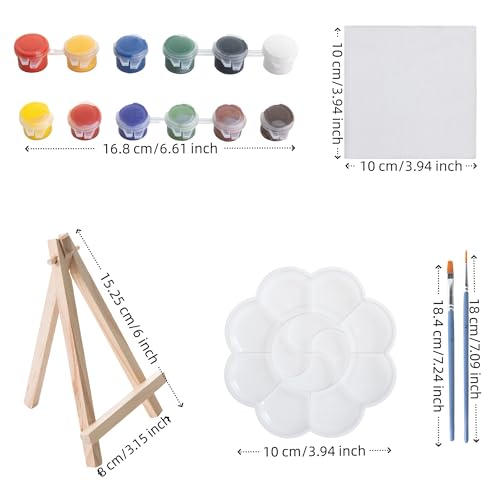AILOVE 12-Pc Acrylic Paint Art Kit: 4x4 Inch Mini Stretched Canvases with Easels, Paint Strips, Brushes, Palette | Art Supplies for Kids, Adults, Classroom, Birthday Party Favors