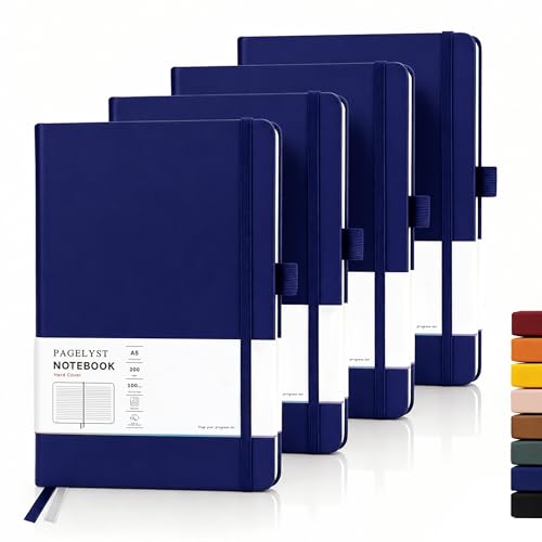 PAGELYST Lined Journal Notebook, 4 Pack Leather Journal for Women Men, 200 Numbered Pages, A5 Medium 5.7'' x 8.3'', 100 GSM Thick Paper for Journaling, Writing, Work & Office (Dark Blue) - color: Dark Blue, size: A5-Lined