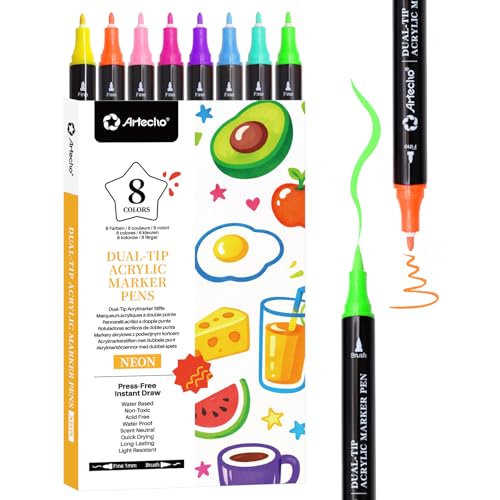 Artecho Acrylic Paint Markers 8 Fluorescent Colors, for Stone, Rock Painting, Paper, Pumpkin, Wood, Egg, Canvas, Ceramic, Fabric, leather, Glass, DIY Crafts - color: 8 Colors Fluorescent