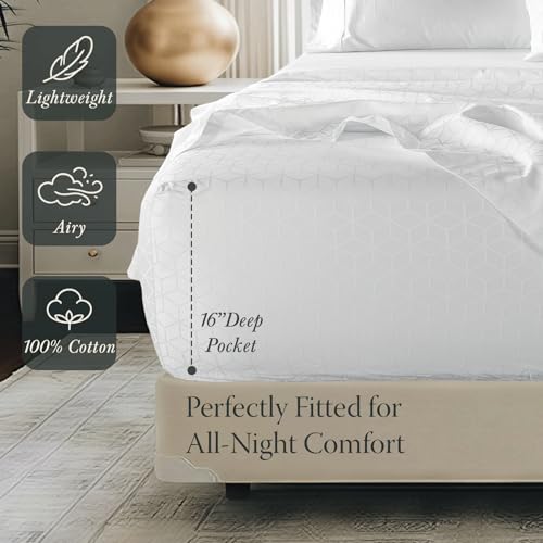Threadmill Egyptian Cotton Queen Sheet Set | 100% Certified Egyptian Cotton Sheets for Queen Size Bed | Queen Bed Sheets Set Snug Fit Deep Pocket | Soft Cooling Damask Jacquard Bedding Set | White - color: Bright White Cadence, size: Queen