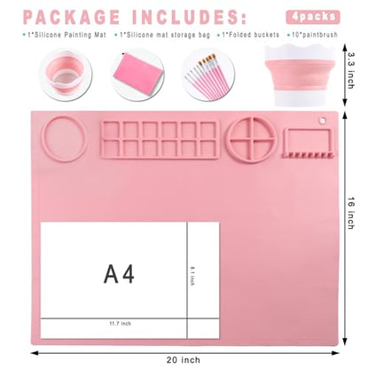 DIYDEC Silicone Craft Mat with Detachable Cup 20X16 Inch Large Silicone Painting Mat for Kids Art Supplies with 10 Painting Brushes Drawing Sheets for Adult DIY Accessories (Pink) - color: Pink