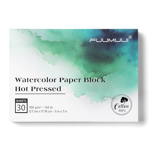 Fuumuui Watercolor Paper Block 5x7 Inch, Smooth Surface 100% Cotton Watercolor Paper, 30 Sheets, 140lb/300gsm, Hot Press, Acid-Free, Art Paper for Painting & Drawing, Wet, Mixed Media - color: Hot Press, size: 5×7"