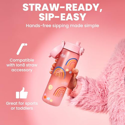 Ion8 Leak Proof Slim Water Bottle - 500ml/18oz, Pink Rainbow - BPA-Free Odor Resistant Recyclon Polymer with One-Touch Flip Lid, Carry Loop, No Straw - Dishwasher Safe, Cupholder/Backpack Friendly - color: Rainbows, size: 18oz / 500ml