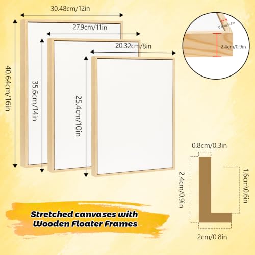 3 Pack Floater Frame Canvas with 8x10、11x14 、12x16 Canvas – Gallery Wrapped Canvas Set with Cotton-Linen Blend (400 GSM), 15 oz Acid-Free, Warp Resistant, Ready to Hang for Oil & Acrylic - size: 3pk- 8x10" to 12x16" Canvas