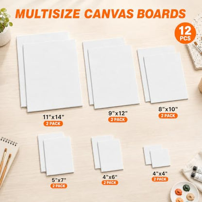 CONDA 12-Pack Mixed Size Canvas for Painting, 2 of 4x4, 4x6, 5x7, 8x10, 9x12, 11x14 Paint Canvas Boards, 100% Cotton Triple Primed Canvases Bulk, Art Supplies for Kids & Adults Oil Painting - size: 12 pack