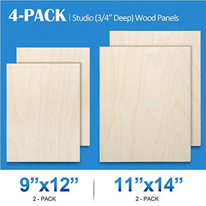 Falling in Art Unfinished Birch Wood Canvas Panels Kit, 4 Pack of 2 Sizes 11x14' and 9x12' Studio 3/4’’ Deep Cradle Boards for Pouring Art, Crafts, Painting, and More - size: 9*12 11*14 2-Pack