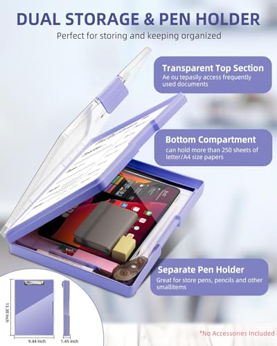 Clearview Clipboard with 2 Storage, Dry Erase 8.5x11 Heavy Duty ClipBoards - High Capacity Coaches Clip Board with Pen Holder - Side Opening Plastic Nursing Clip Case (Light Purple) - color: Light Purple