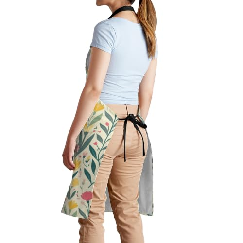 Cream Pastel Wildflower Art Waterproof Apron with Pockets | Garden Aprons for Men Women Adjustable Bib Apron for Cooking Kitchen Baking BBQ Painting Housework Oil Resistant - color: Cream Pastel Wildflower Art