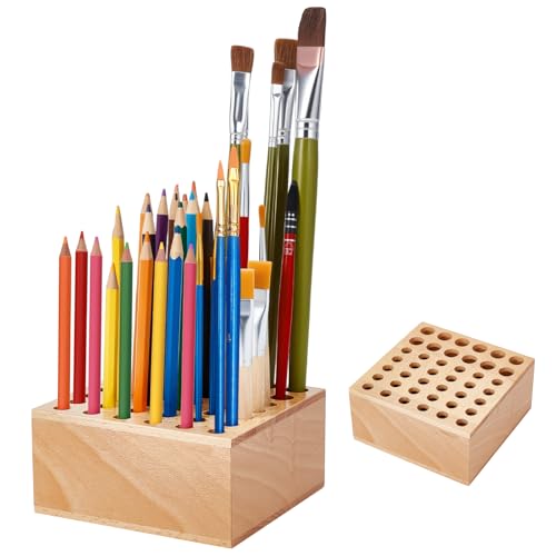 Beechwood Paint Brush Holder 42 Holes Paint Brush Storage Organizer Paintbrush Holder Organizer Wooden Block Pencil Holder for Makeup Brushes Pens and Art Tools