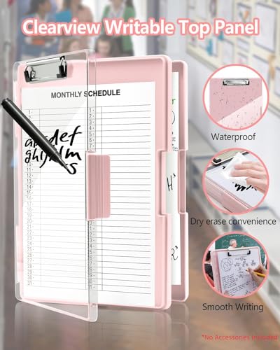 Clearview Clipboard with 2 Storage, Dry Erase 8.5x11 Heavy Duty ClipBoards - High Capacity Coaches Clip Board with Pen Holder - Side Opening Plastic Nursing Clip Case (Pale Pink) - color: Pale Pink