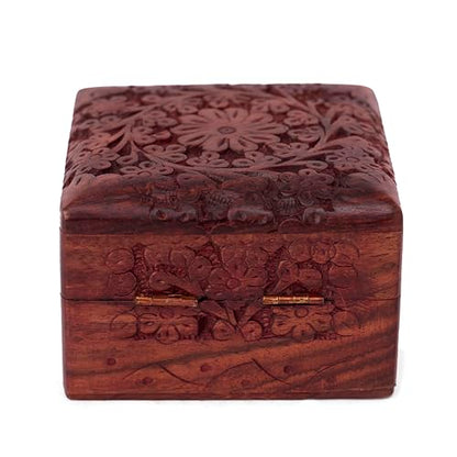 GURU JEE Wooden Hand Carved Keepsake Box Jewellery Armoire Chest Organiser Perfect Unique Gifts Ideas For Women - color: FLWD_4X4