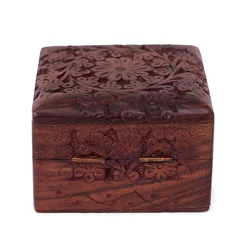GURU JEE Wooden Hand Carved Keepsake Box Jewellery Armoire Chest Organiser Perfect Unique Gifts Ideas For Women - color: FLWD_4X4