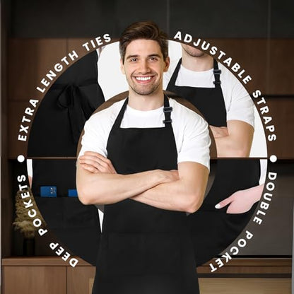 Adjustable Bib Apron 100% Polyester Kitchen Aprons Waterdrop Resistant Aprons with Adjustable Strap, Pockets & Long Ties - color: Black, style: Pack of 2