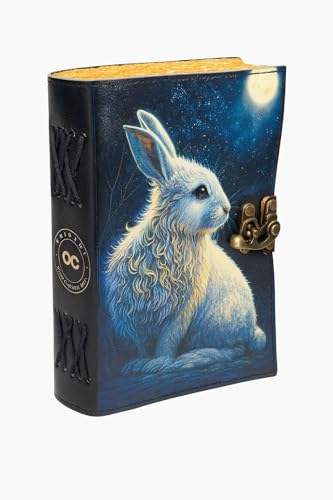 Oficart Handmade Leather Journal – Vintage Diary with Antique Lock & Eco-Friendly Cotton Paper | Celestial Notebook for Writing, Sketching, Travel, Art, Poetry, Spiritual & Gift Use (Rabbit Under Moonlight) - color: Rabbit Under Moonlight