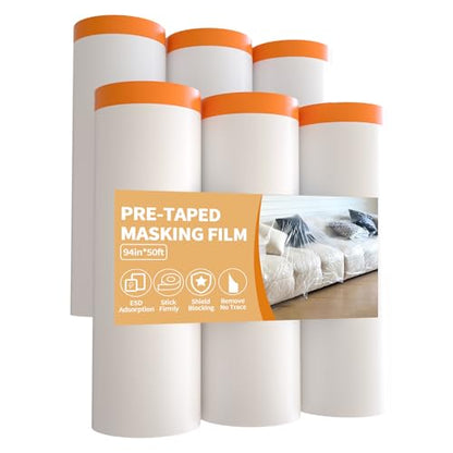 Extra Wide Masking Film (94inch x 50ft,6 Rolls) - Large Plastic Sheeting for Wall Painting & Construction - Residue-Free Tape for Full Vehicle Masking - size: 94in x 50Ft