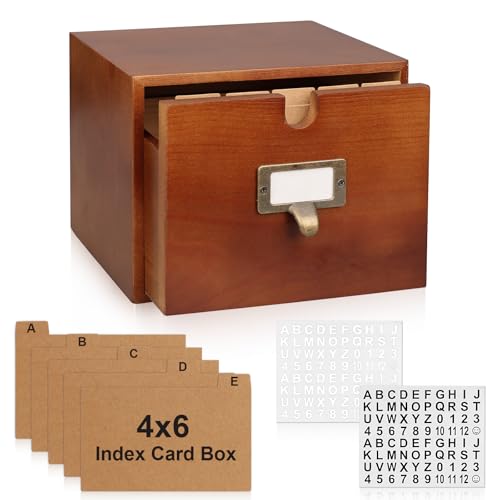 DLUGOPIS 4x6 Index Card Holder Wooden Index Card Storage Box with Drawers Brown Vintage Card Catalog Box Recipe Notecard Box 5 Index Cards Dividers 2 Letter Smile Stickers for School Office - color: Brown, size: 1 Tier 4X6