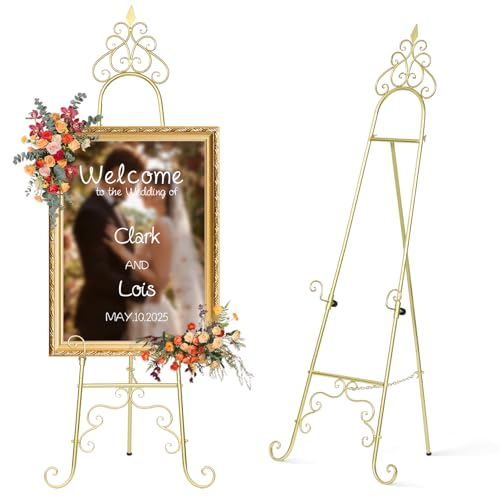 Gold Easel Stand for Wedding Sign - 59" H x 22" L x 20" W Adjustable Metal Floor Easel with Chain Support, Heavy Duty Display Standing Easel for Mirror, Picture Frame, Poster, Birthday & Exhibition Decor