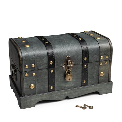 Happenings Wooden Treasure Chest Box with Tray – Lockable Vintage Decorative Chest for Storage, Keepsakes, Jewelry – Pirate Wooden Chest Decor (11.8x7x7)
