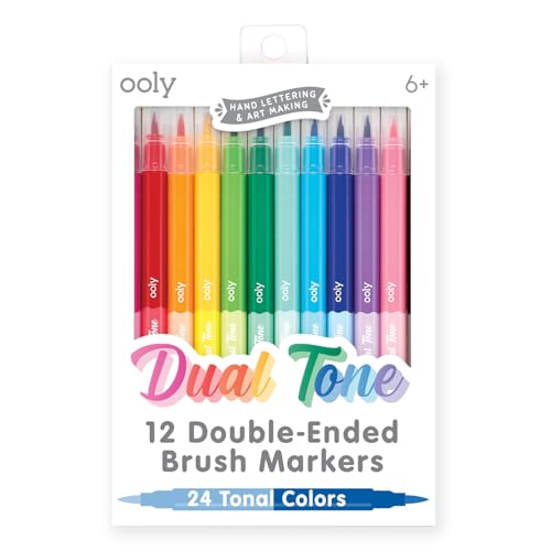 Ooly Dual Tone Double Ended Calligraphy Markers, 12 Brush Tip Markers, 24 Colors, Pens for Writing & Hand Lettering, Dual Tip Calligraphy Pens, Acid-Free Ink - style: Dual Tone